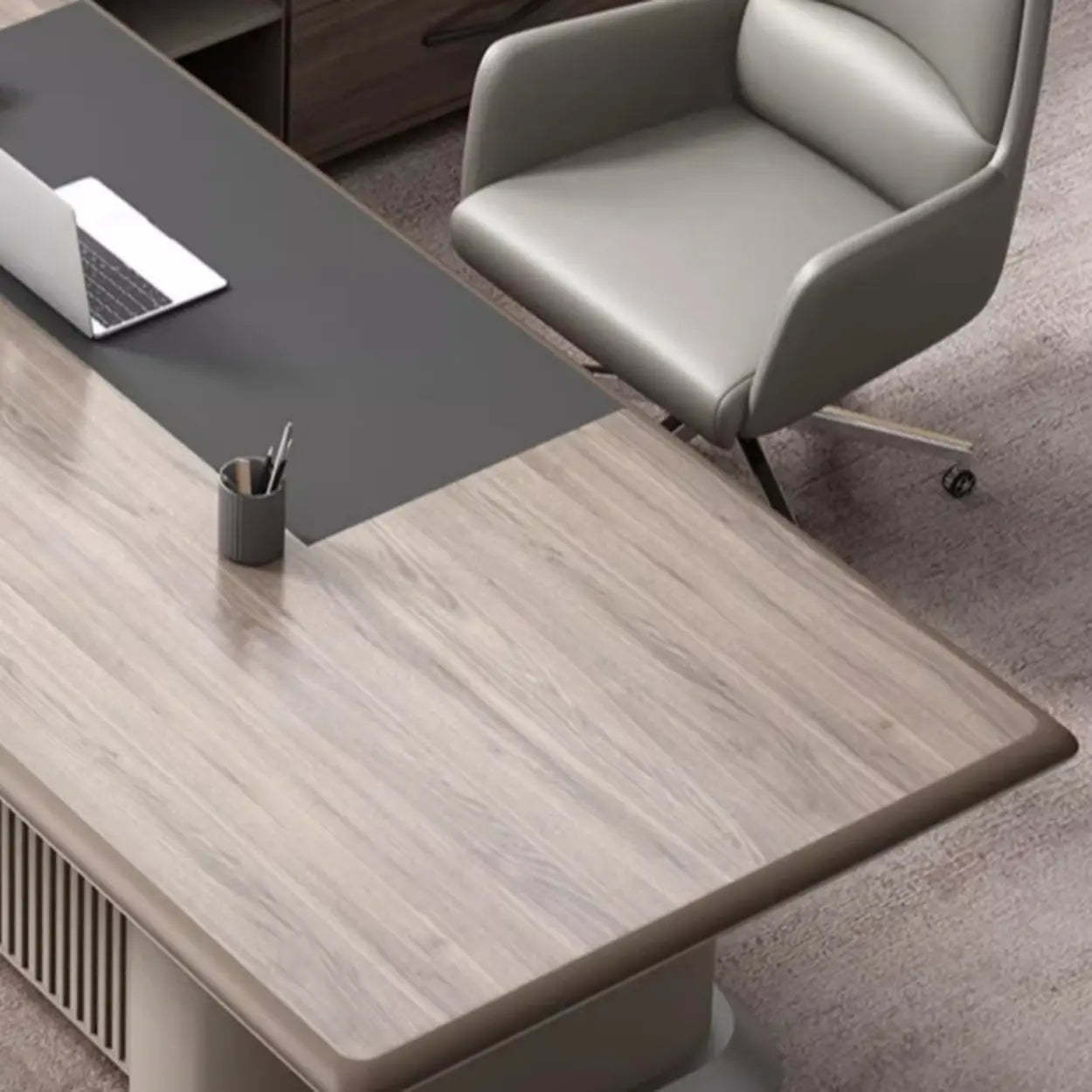 Gray Base Long L-Shape Brown Wood Executive Desk