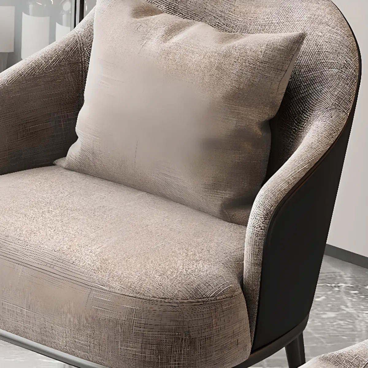 Gray-Black Coarse Linen Curved Back Pillow Accent Chair