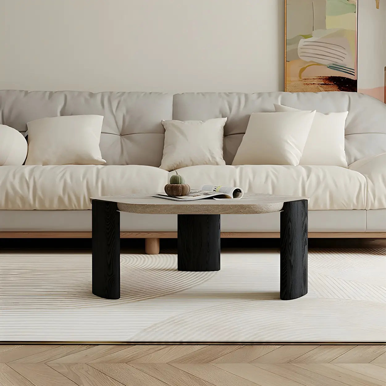 Gray Hexagon Travertine Black-Leg Coffee Table