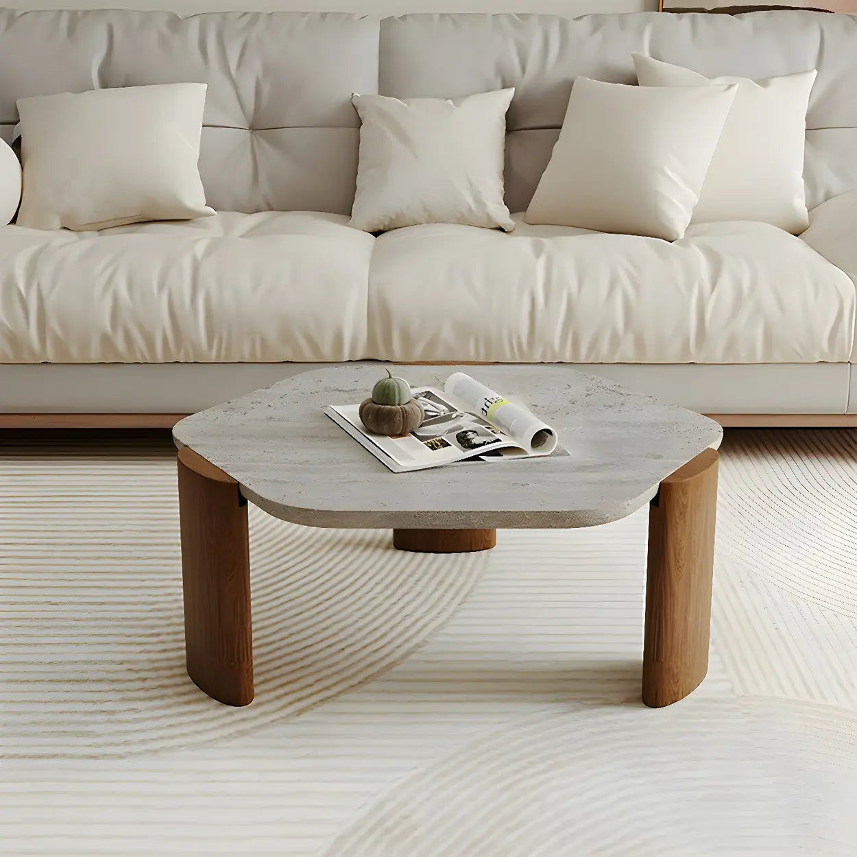 Gray Hexagon Travertine Black-Leg Coffee Table — Natural Finish