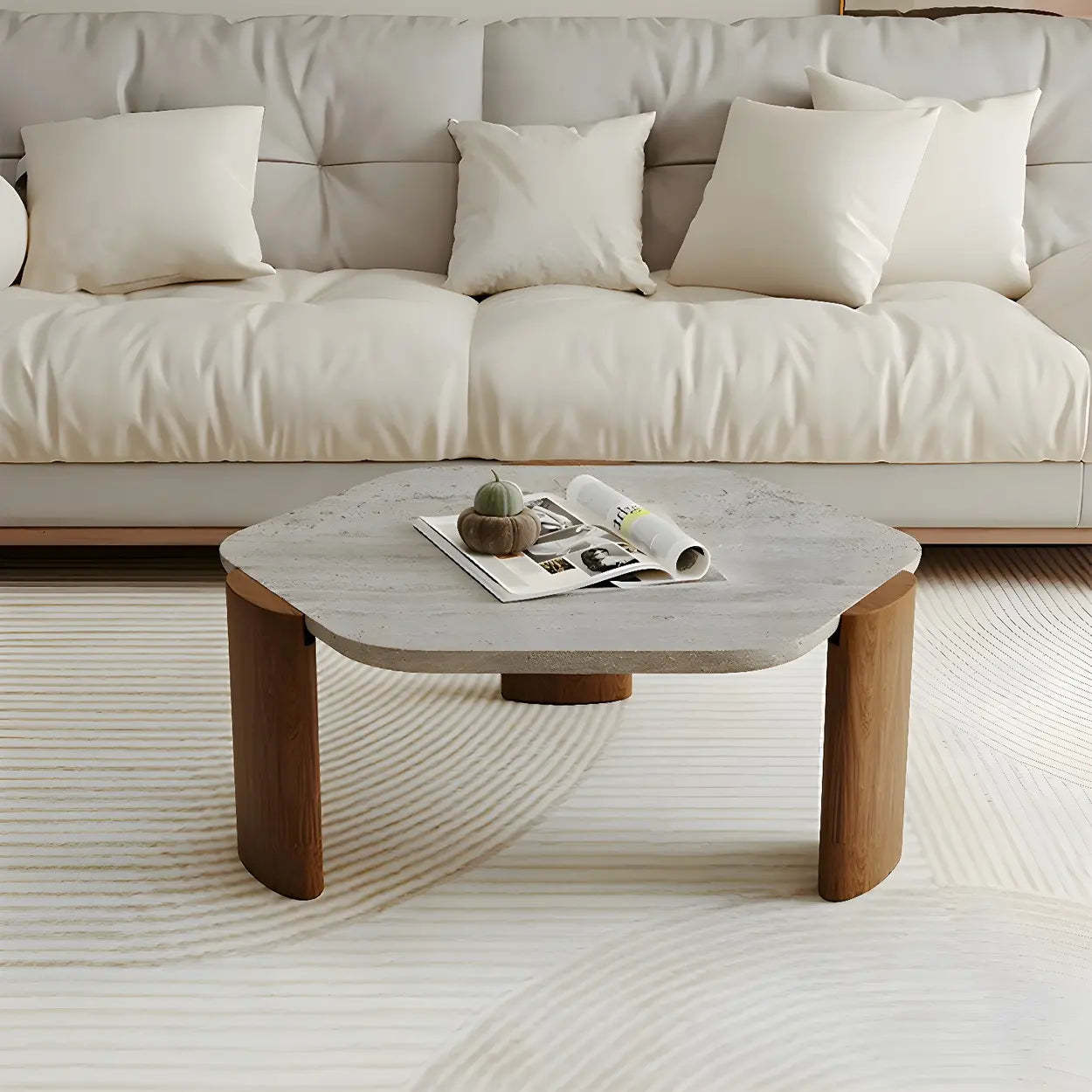 Gray Hexagon Travertine Black-Leg Coffee Table — Natural Finish