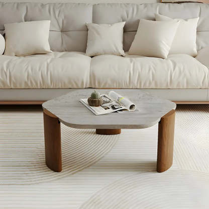 Gray Hexagon Travertine Black-Leg Coffee Table — Natural Finish