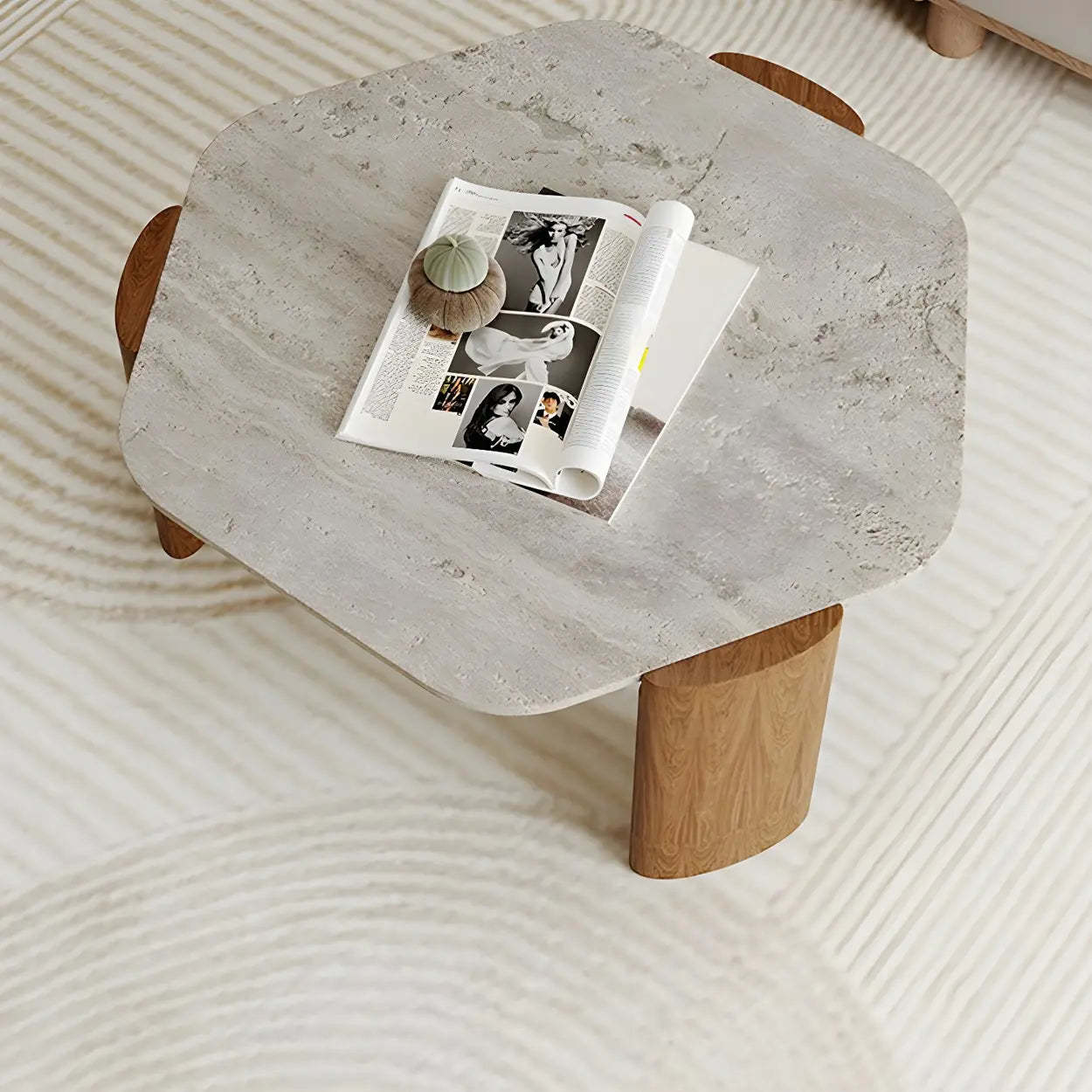 Gray Hexagon Travertine Black-Leg Coffee Table — Natural Finish
