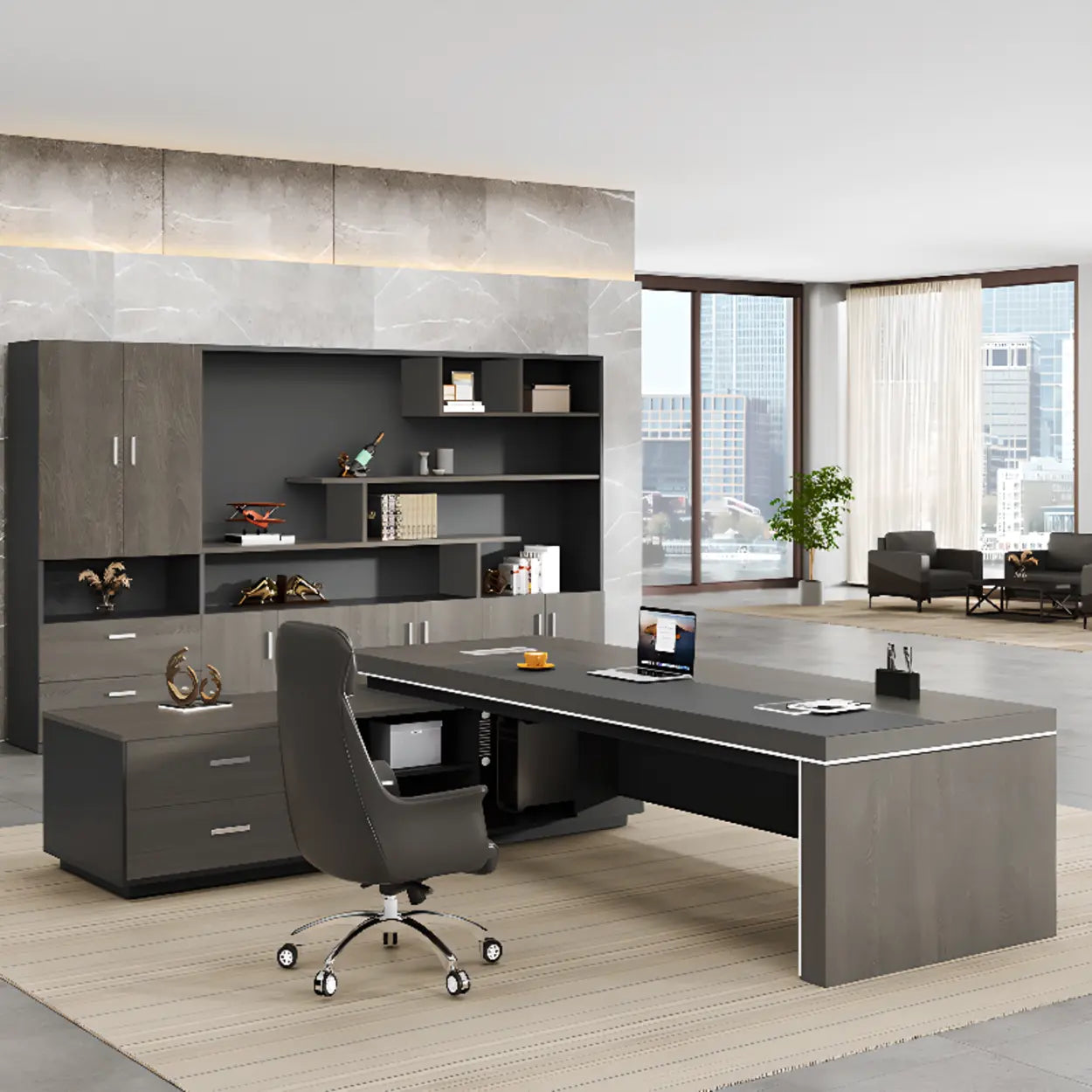 Gray L-Shaped Walnut Desk with Drawers and Shelves