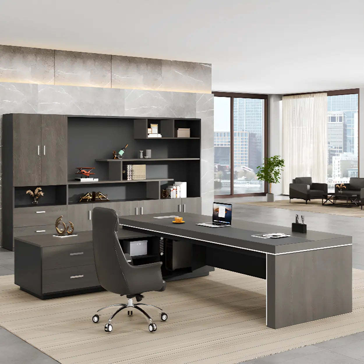Gray L-Shaped Walnut Desk with Drawers and Shelves — Table Only