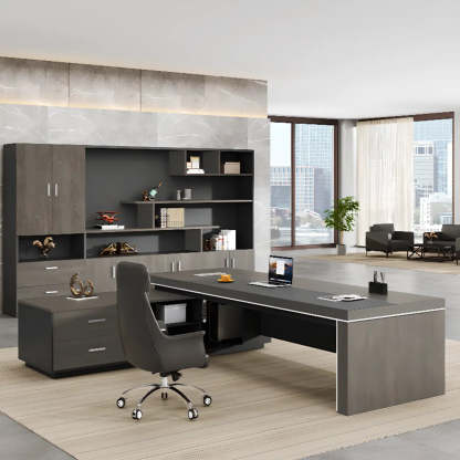 Gray L-Shaped Walnut Desk with Drawers and Shelves — Table Only