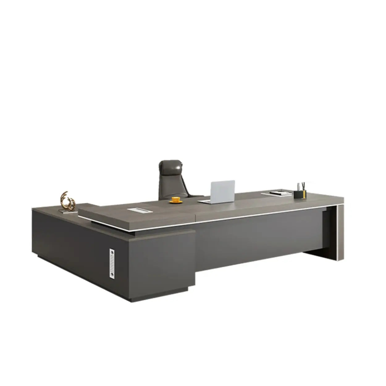 Gray L-Shaped Walnut Desk with Drawers and Shelves — Table Only