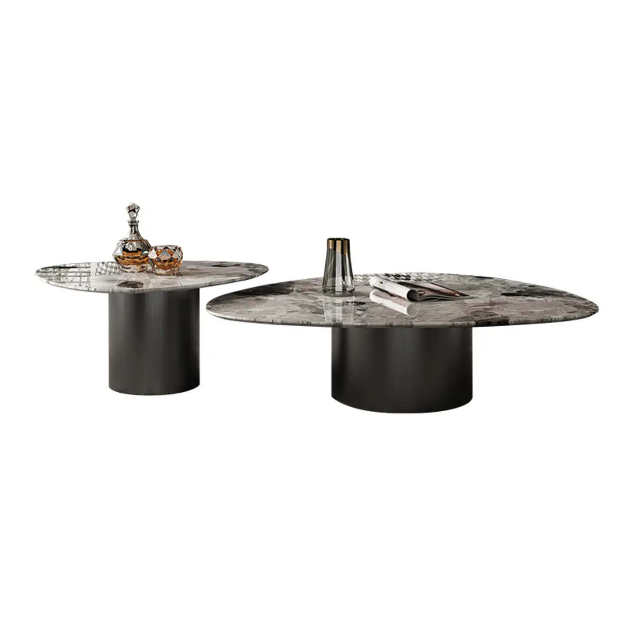 Lighom stainless triangle steel coffee tables — 35" L x 28" W x 13" H & 25" L x 21" W x 17" H / Set of 2
