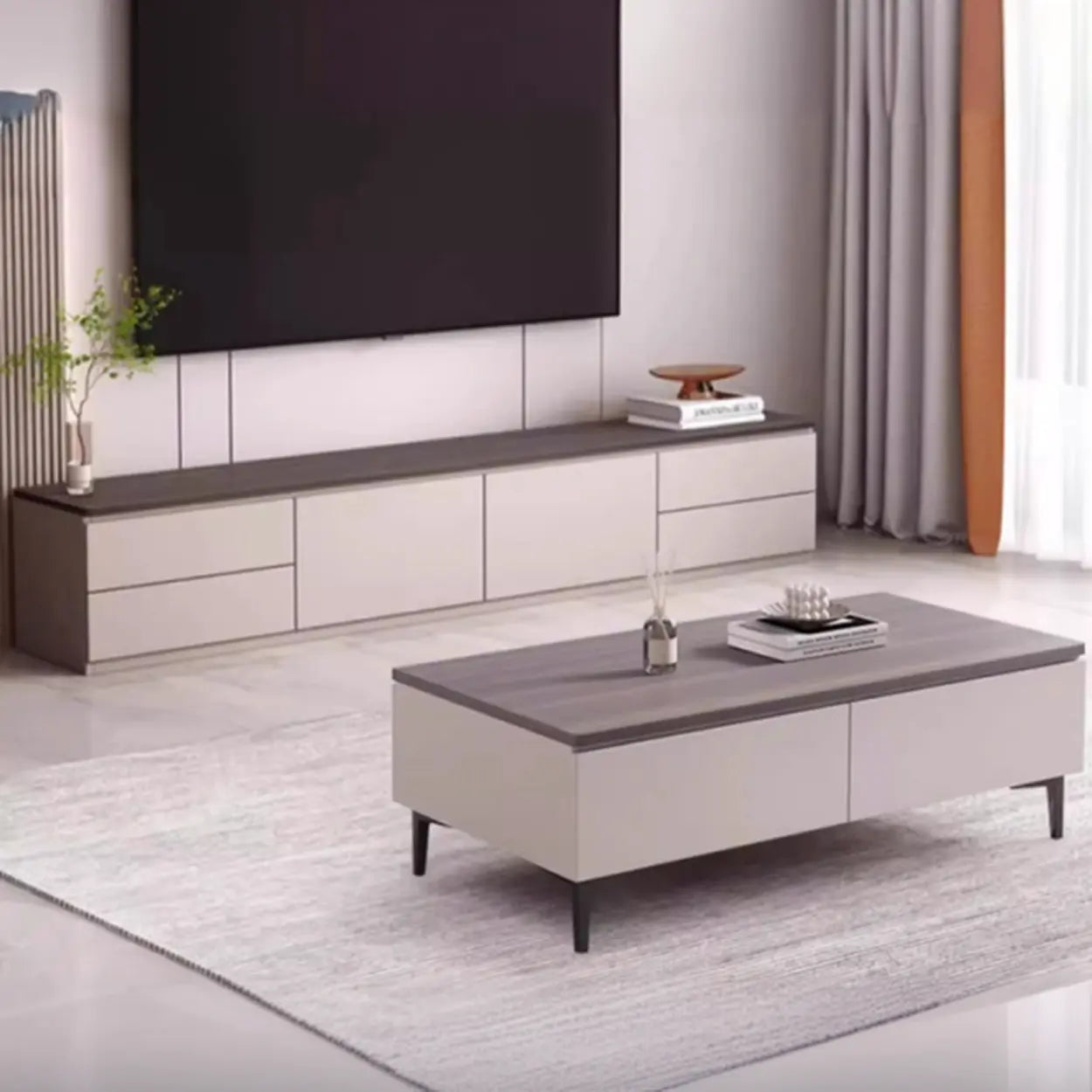 Gray Oak Wood Rectangular TV Stand with Storage