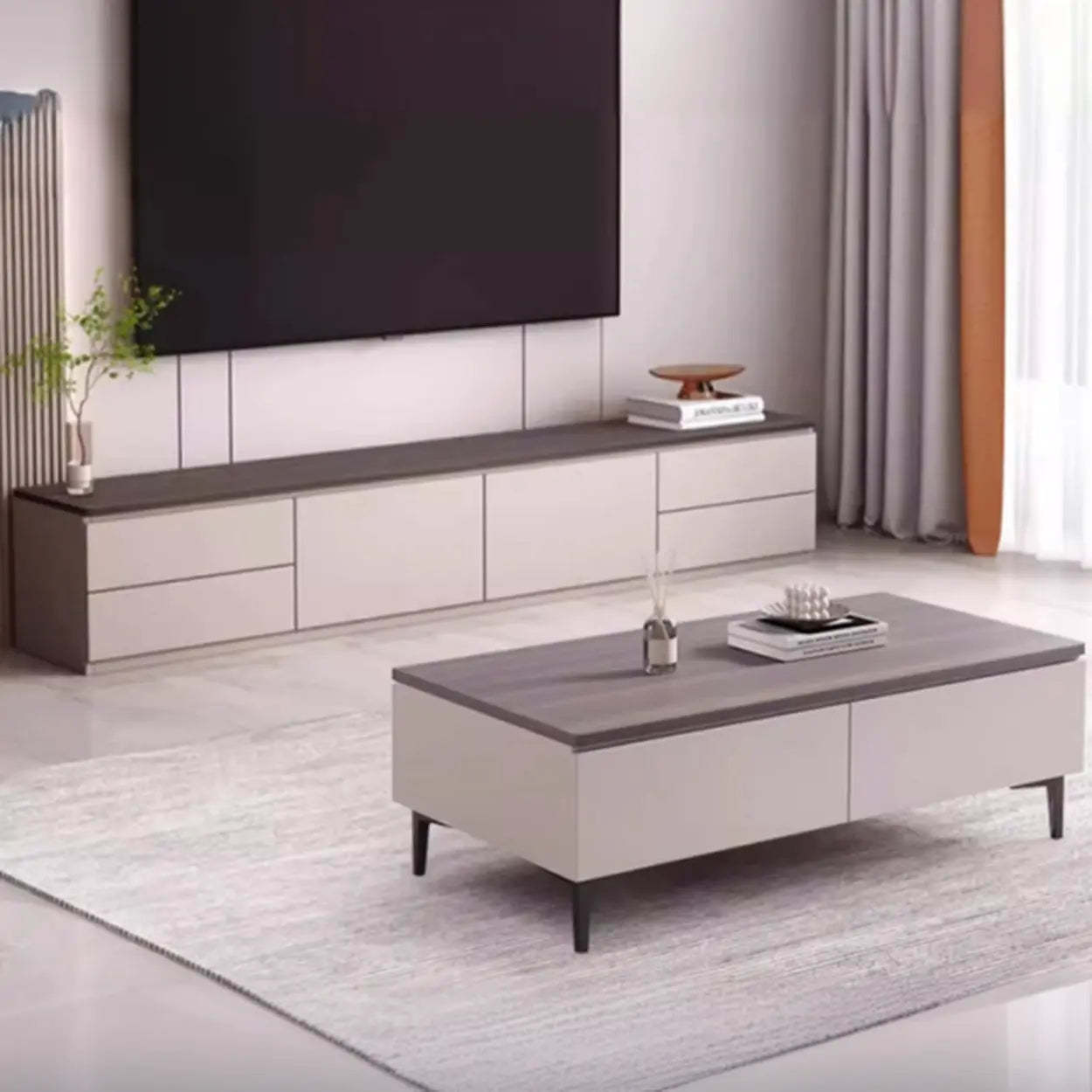 Gray Oak Wood Rectangular TV Stand with Storage — Warm White