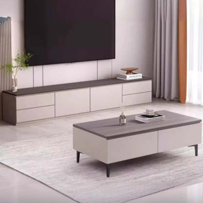 Gray Oak Wood Rectangular TV Stand with Storage — Warm White