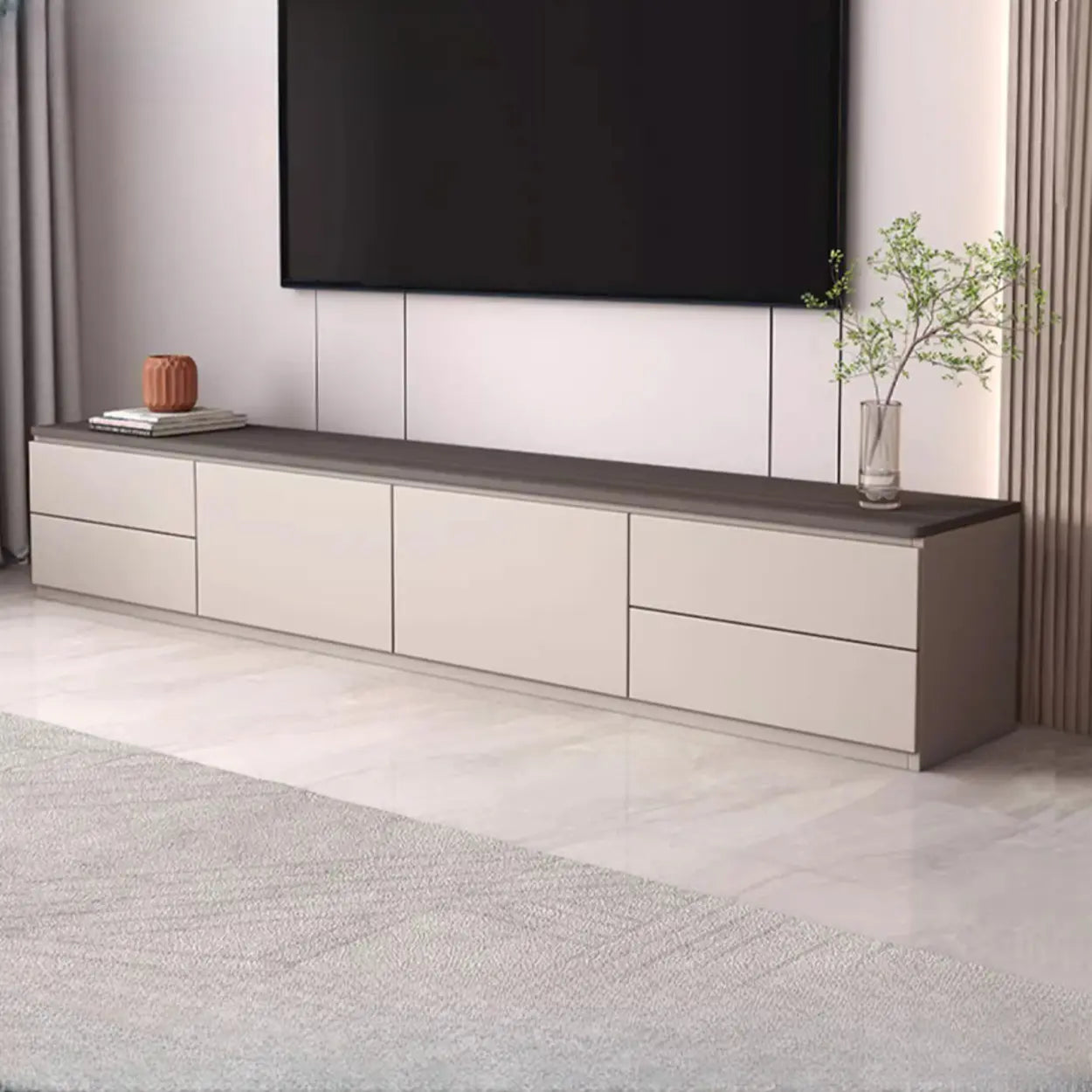Gray Oak Wood Rectangular TV Stand with Storage — Warm White