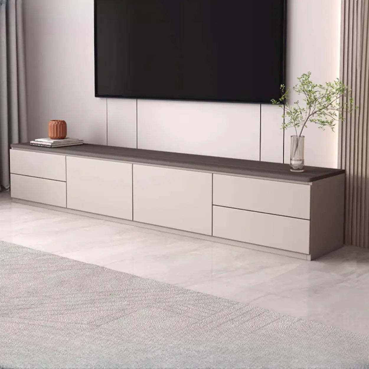 Gray Oak Wood Rectangular TV Stand with Storage — Warm White