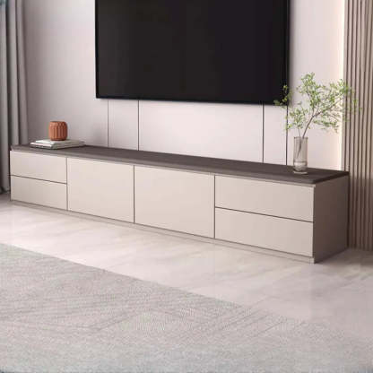 Gray Oak Wood Rectangular TV Stand with Storage — Warm White