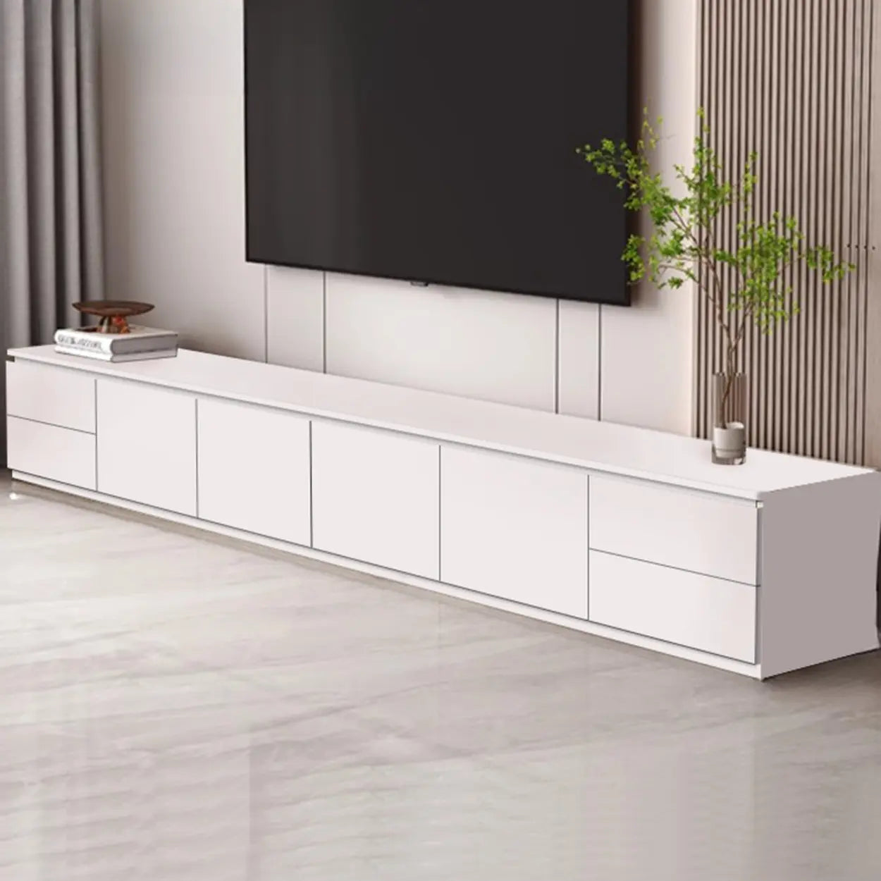 Gray Oak Wood Rectangular TV Stand with Storage — Warm White