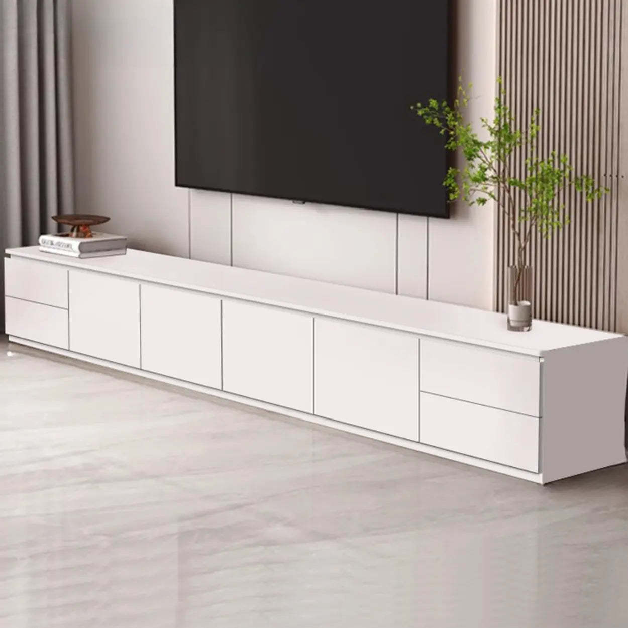Gray Oak Wood Rectangular TV Stand with Storage — Warm White