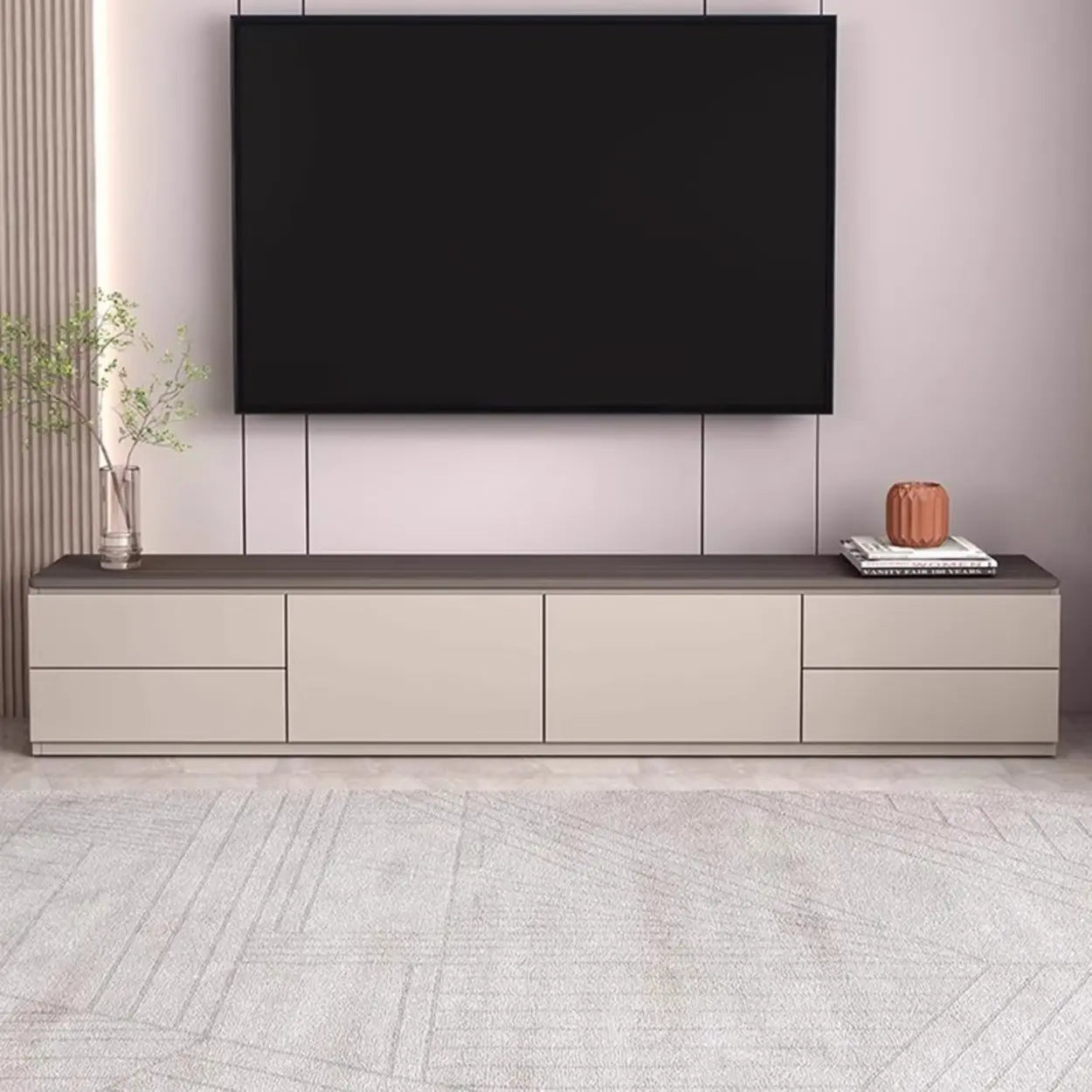 Gray Oak Wood Rectangular TV Stand with Storage — Warm White