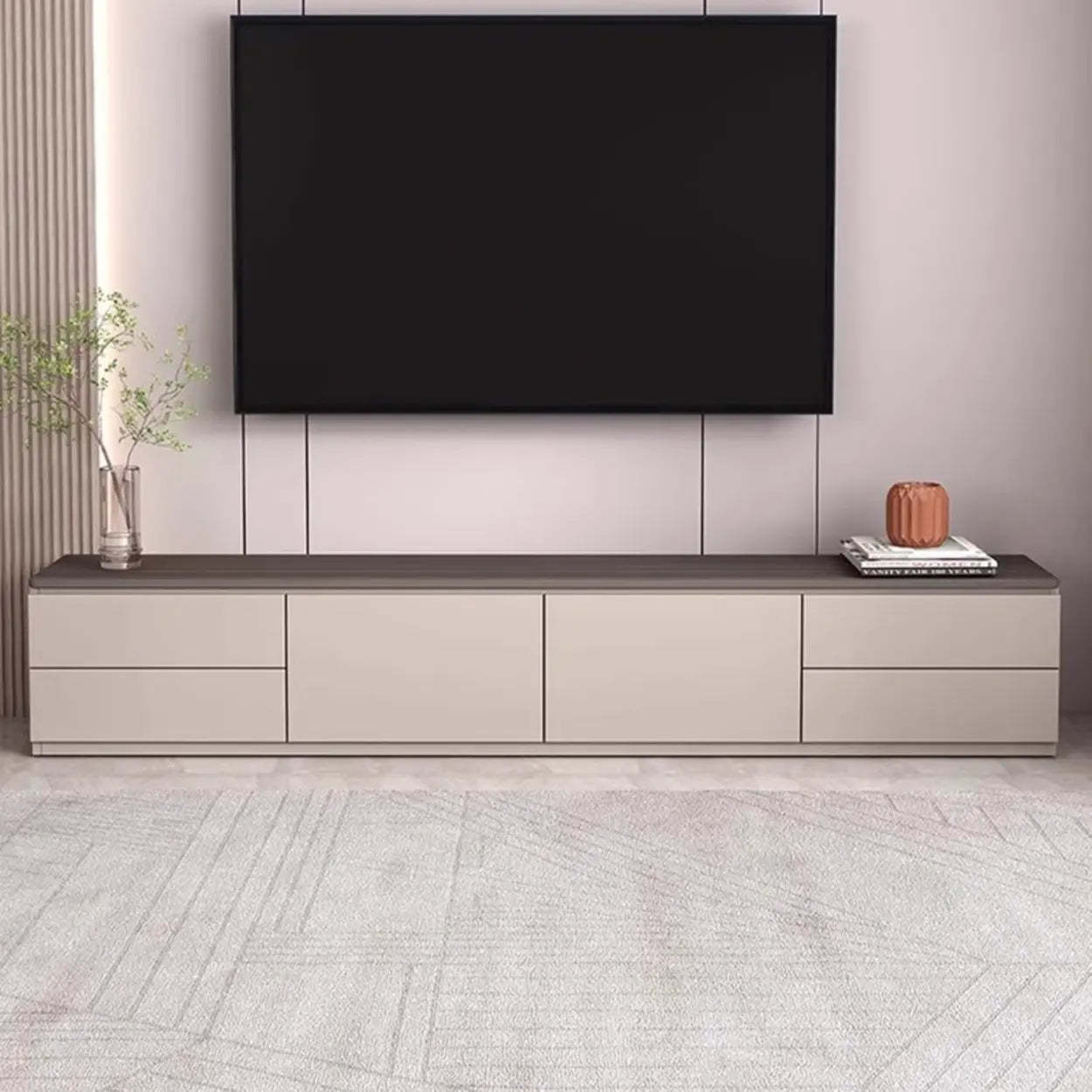 Gray Oak Wood Rectangular TV Stand with Storage — Warm White