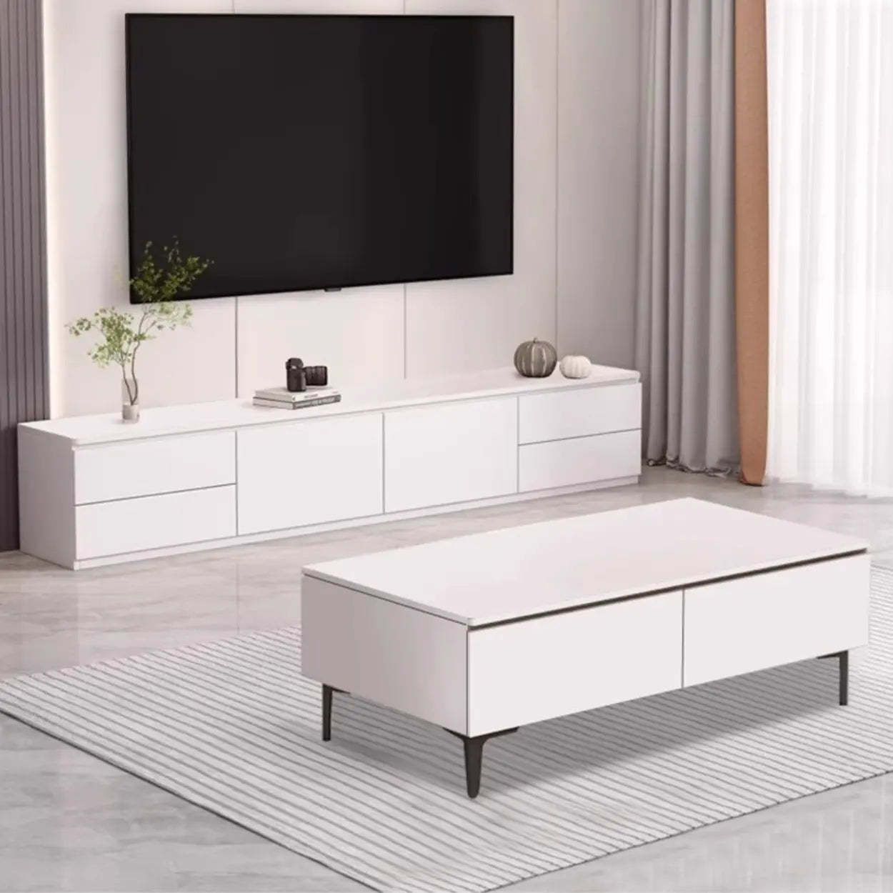 Gray Oak Wood Rectangular TV Stand with Storage — Warm White