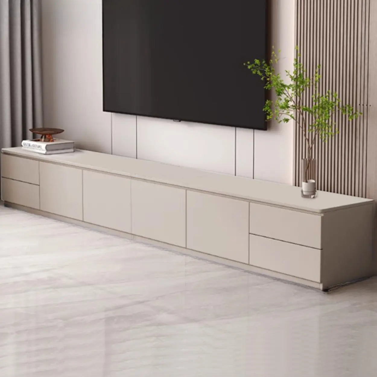 Gray Oak Wood Rectangular TV Stand with Storage — Warm White