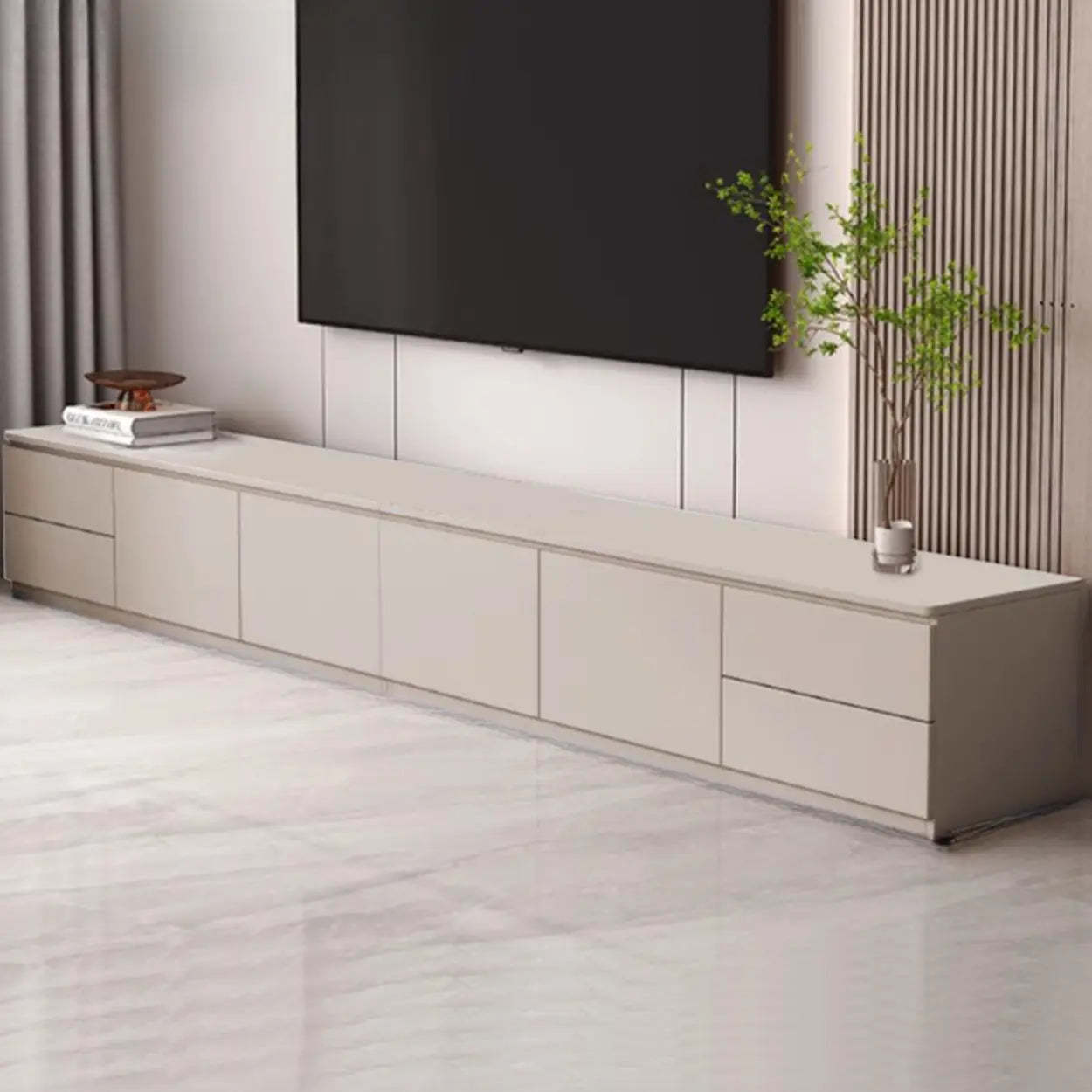 Gray Oak Wood Rectangular TV Stand with Storage — Warm White