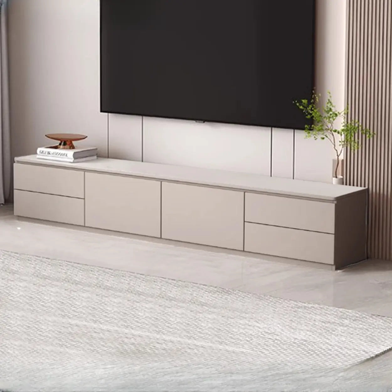 Gray Oak Wood Rectangular TV Stand with Storage — Warm White