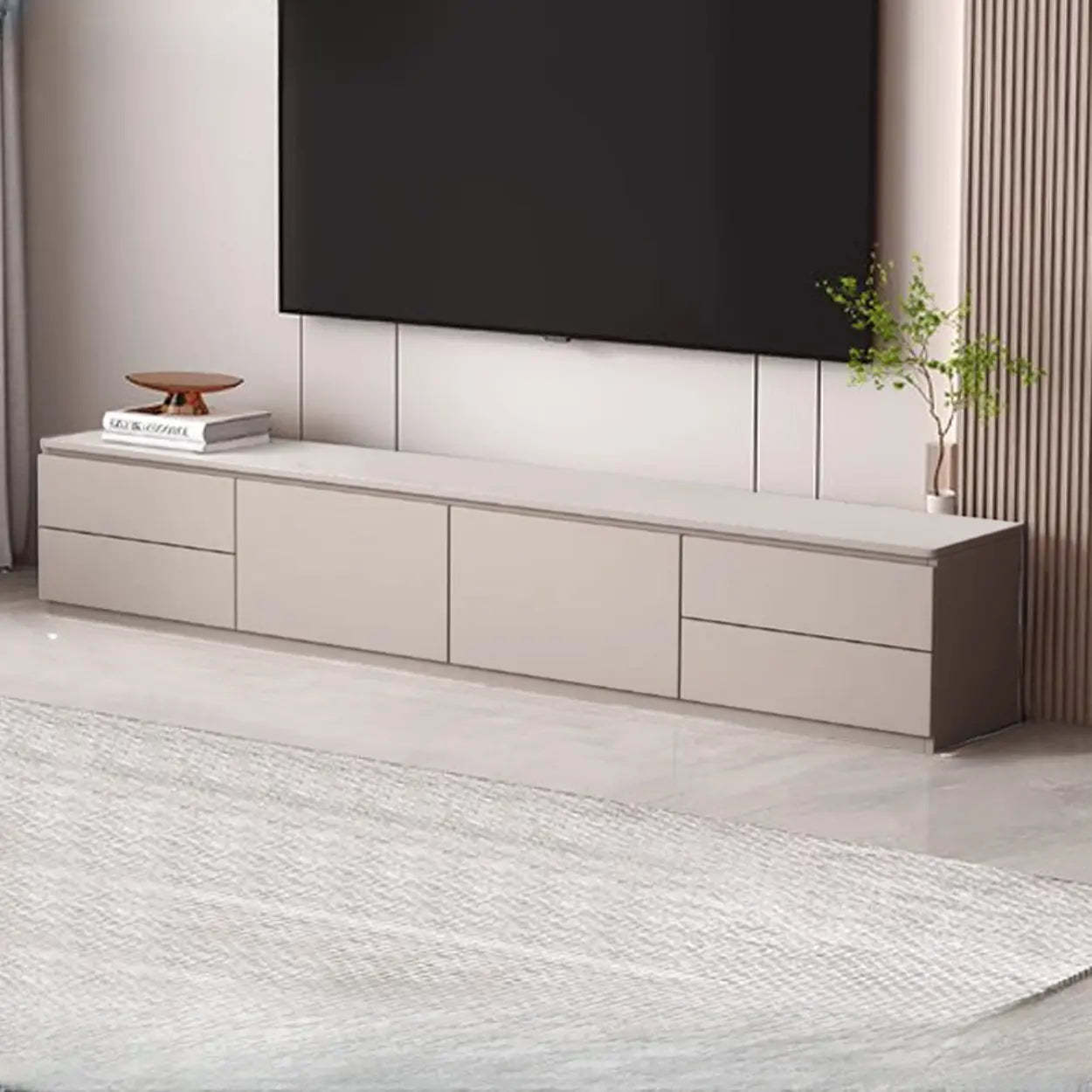 Gray Oak Wood Rectangular TV Stand with Storage — Warm White