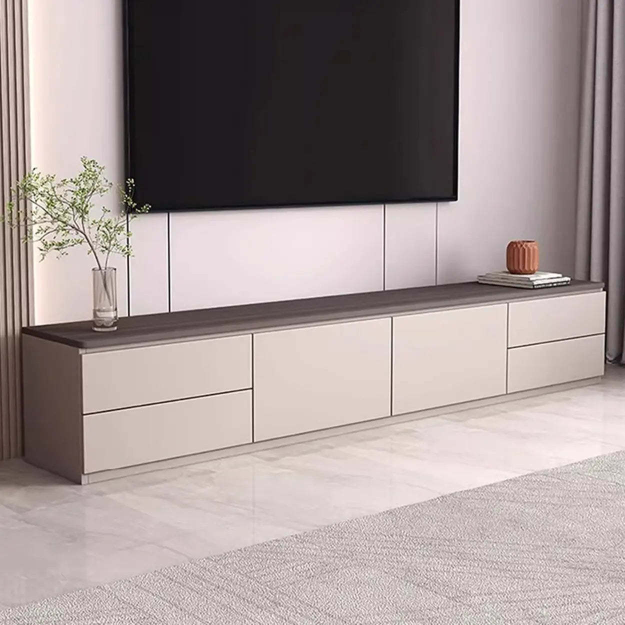 Gray Oak Wood Rectangular TV Stand with Storage — Warm White