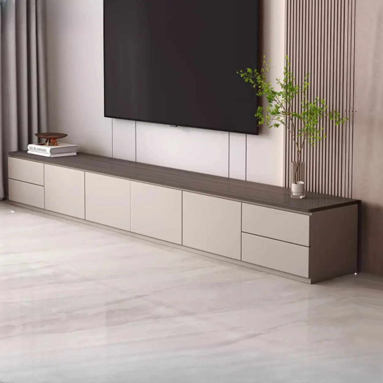 Gray Oak Wood Rectangular TV Stand with Storage — Warm White