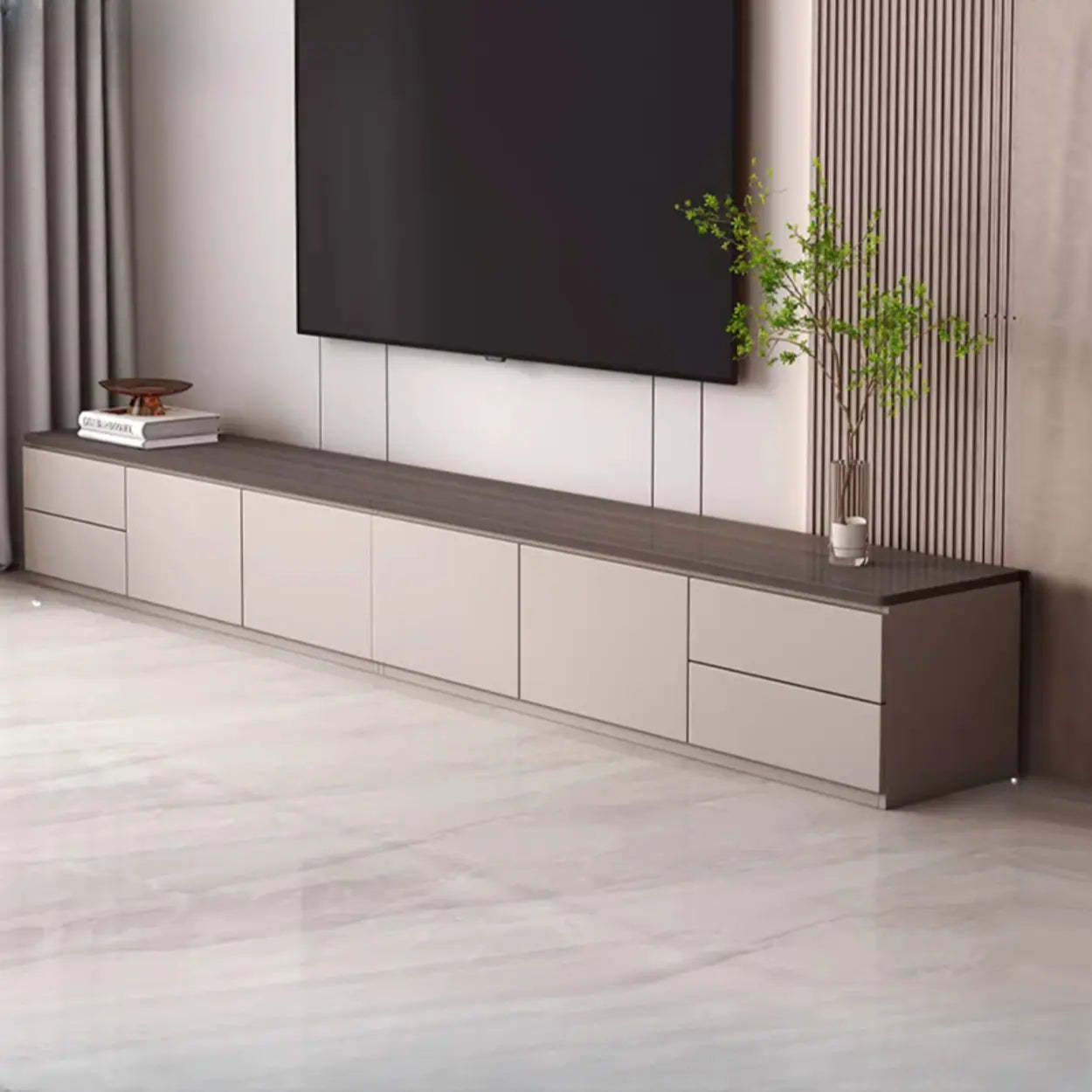 Gray Oak Wood Rectangular TV Stand with Storage — Warm White