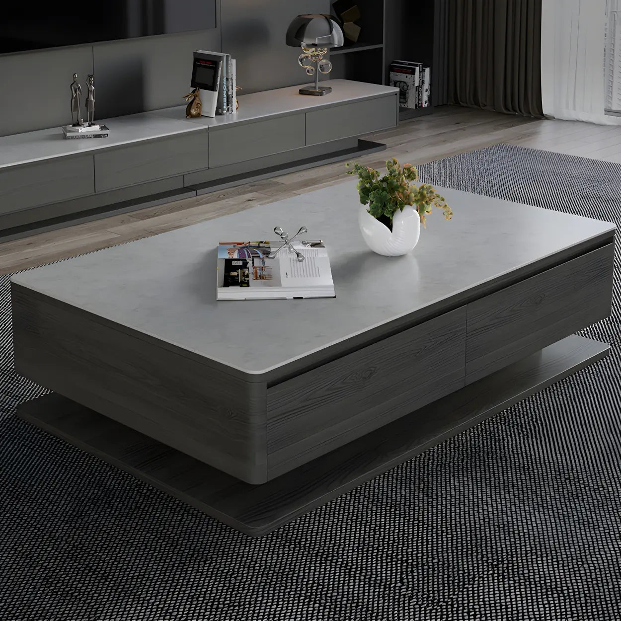 Gray Rectangular Stone Coffee Table with Drawers