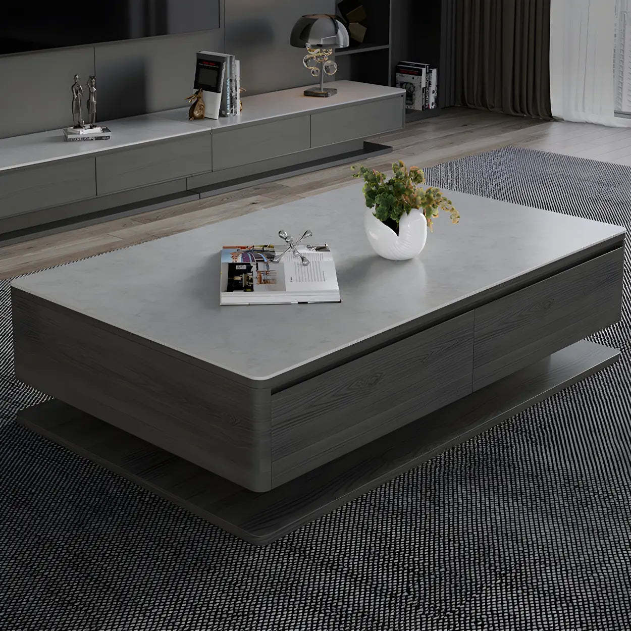 Gray Rectangular Stone Coffee Table with Drawers