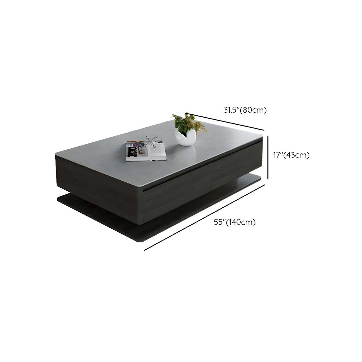 Gray Rectangular Stone Coffee Table with Drawers