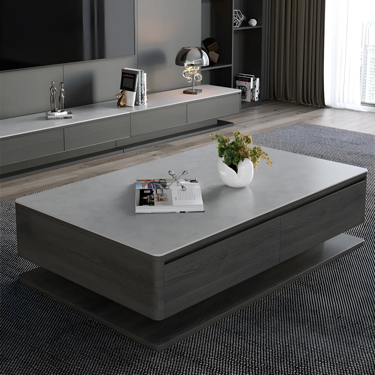Gray Rectangular Stone Coffee Table with Drawers