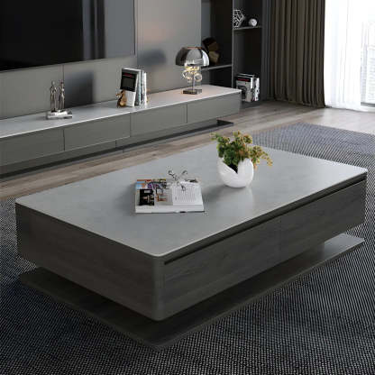 Gray Rectangular Stone Coffee Table with Drawers