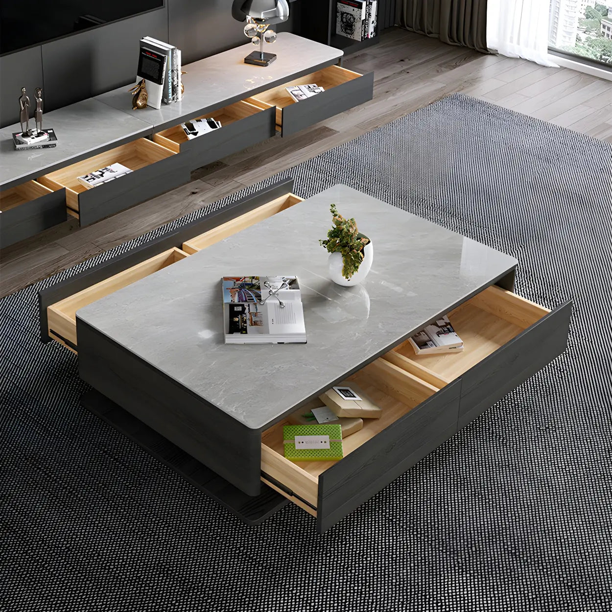 Gray Rectangular Stone Coffee Table with Drawers