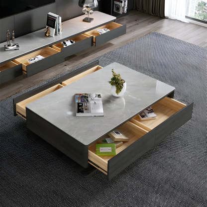 Gray Rectangular Stone Coffee Table with Drawers