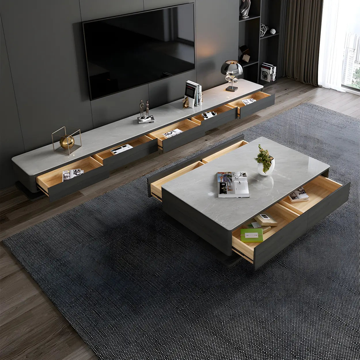 Gray Rectangular Stone Coffee Table with Drawers