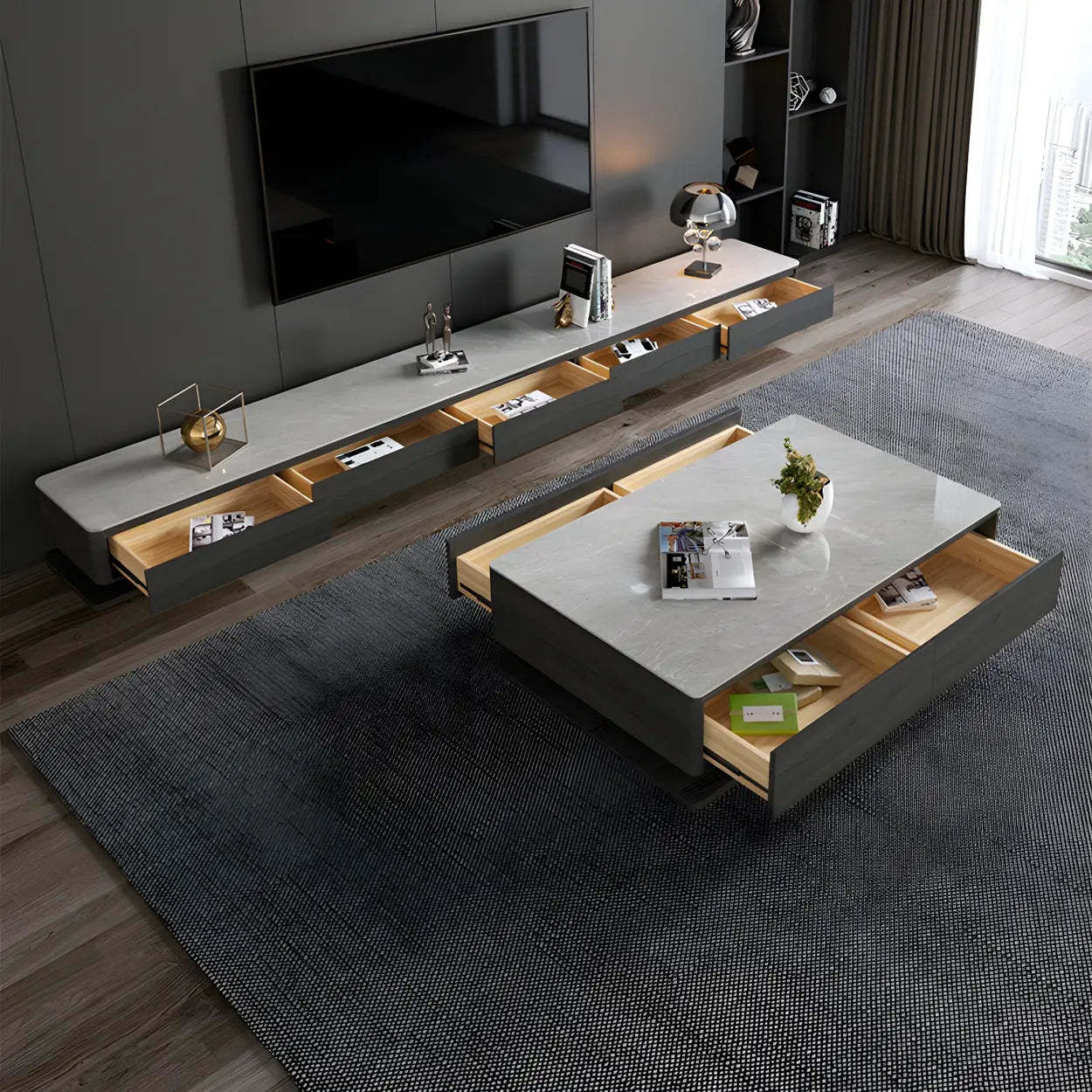 Gray Rectangular Stone Coffee Table with Drawers