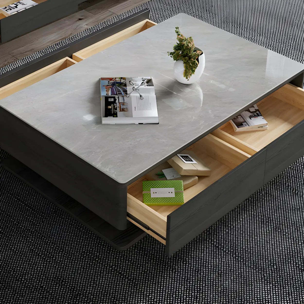 Gray Rectangular Stone Coffee Table with Drawers