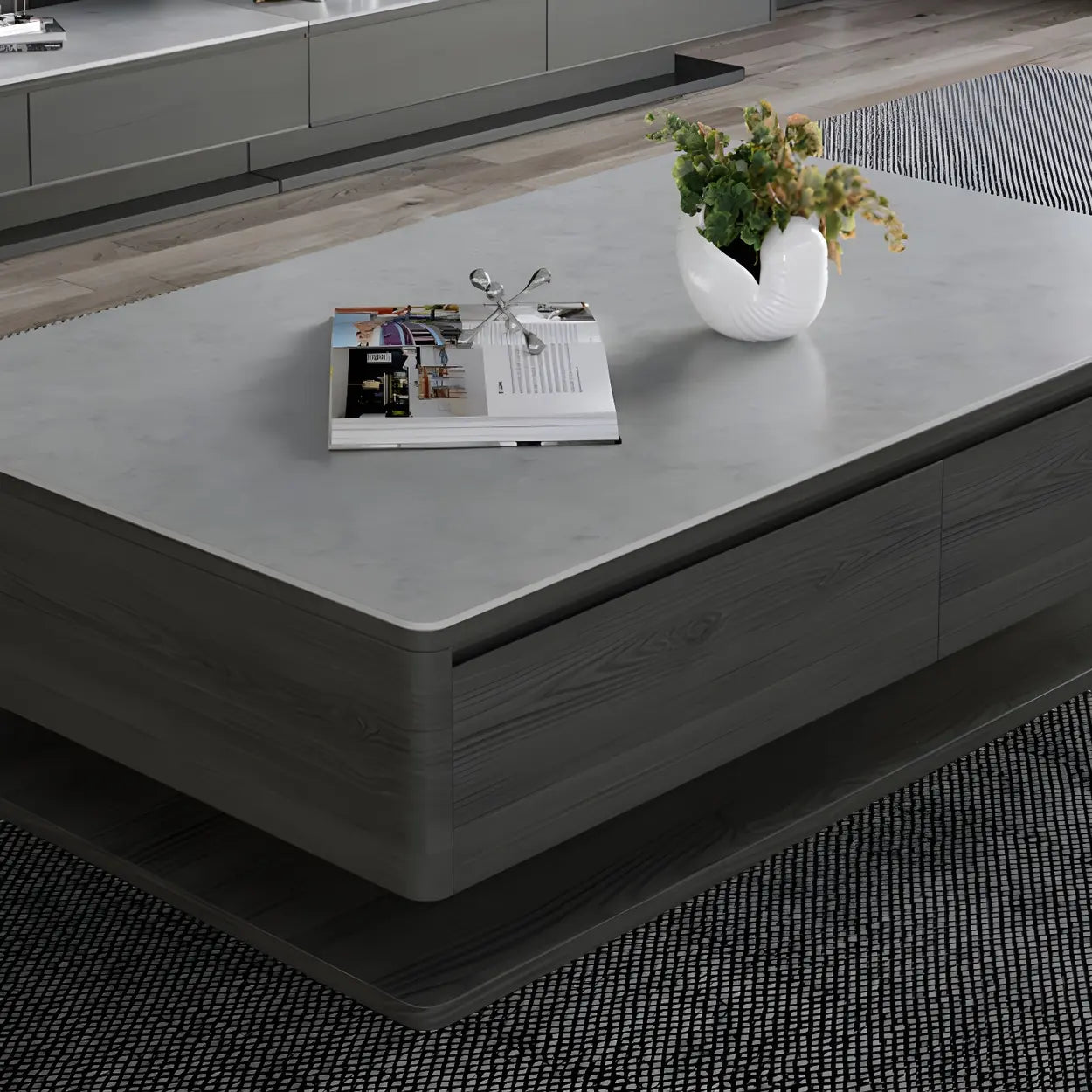 Gray Rectangular Stone Coffee Table with Drawers