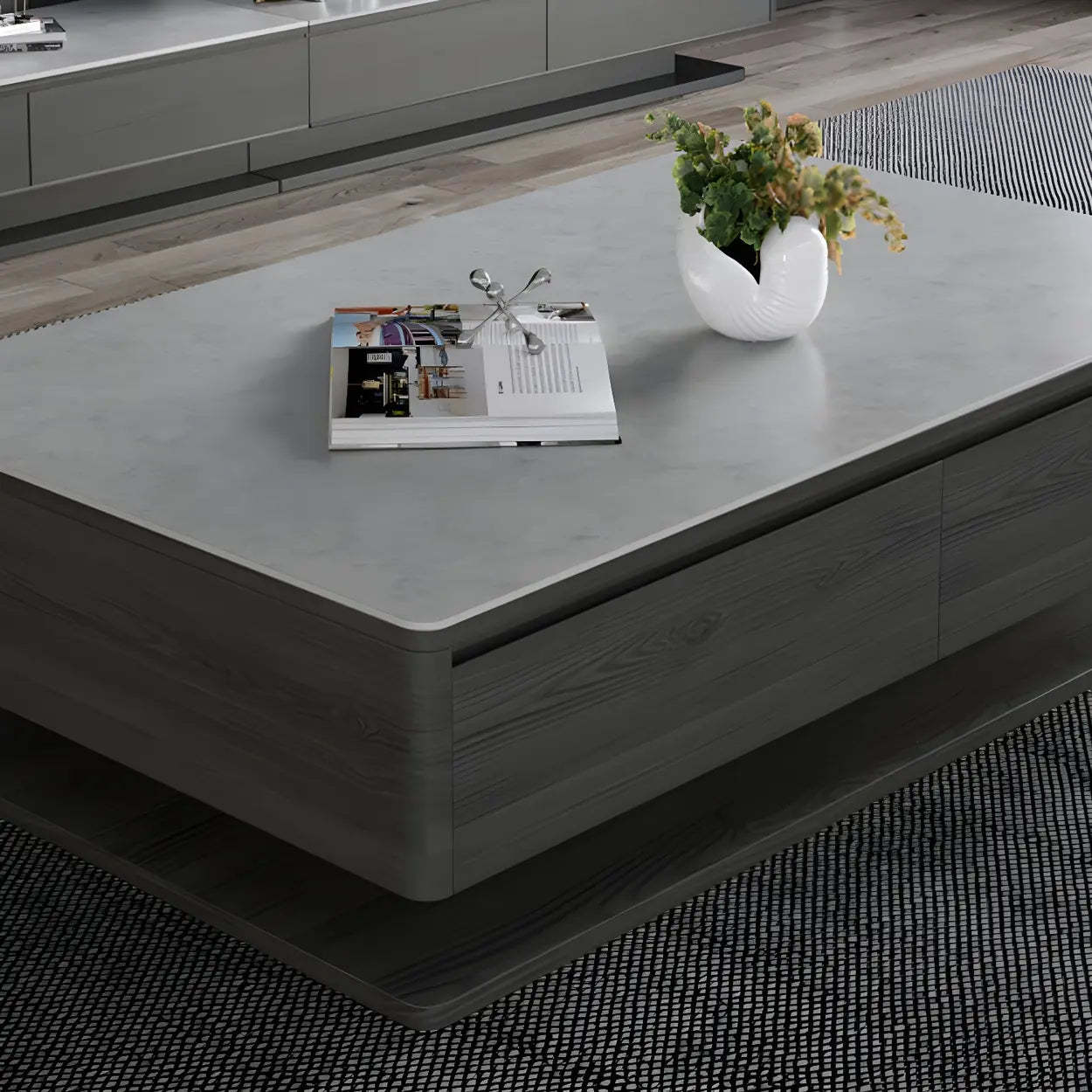 Gray Rectangular Stone Coffee Table with Drawers