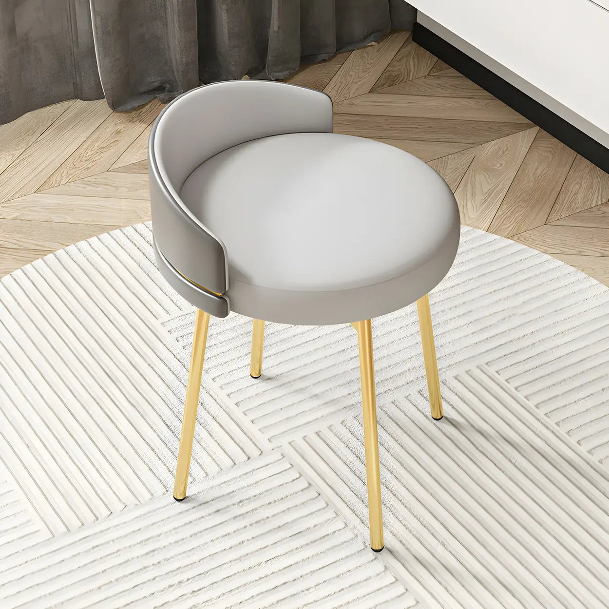 Round Leather Vanity Stool with Backrest