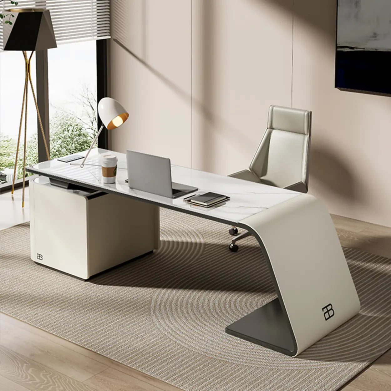 Gray Curved Stone Executive Desk — Table Only