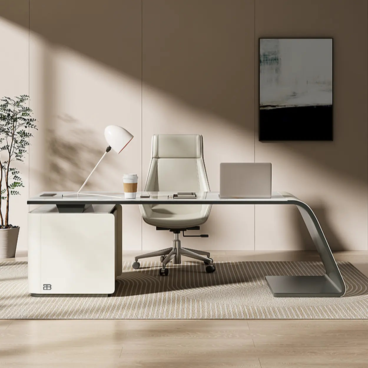 Gray Curved Stone Executive Desk — Table Only