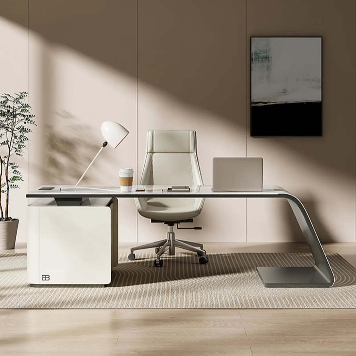 Gray Curved Stone Executive Desk — Table Only
