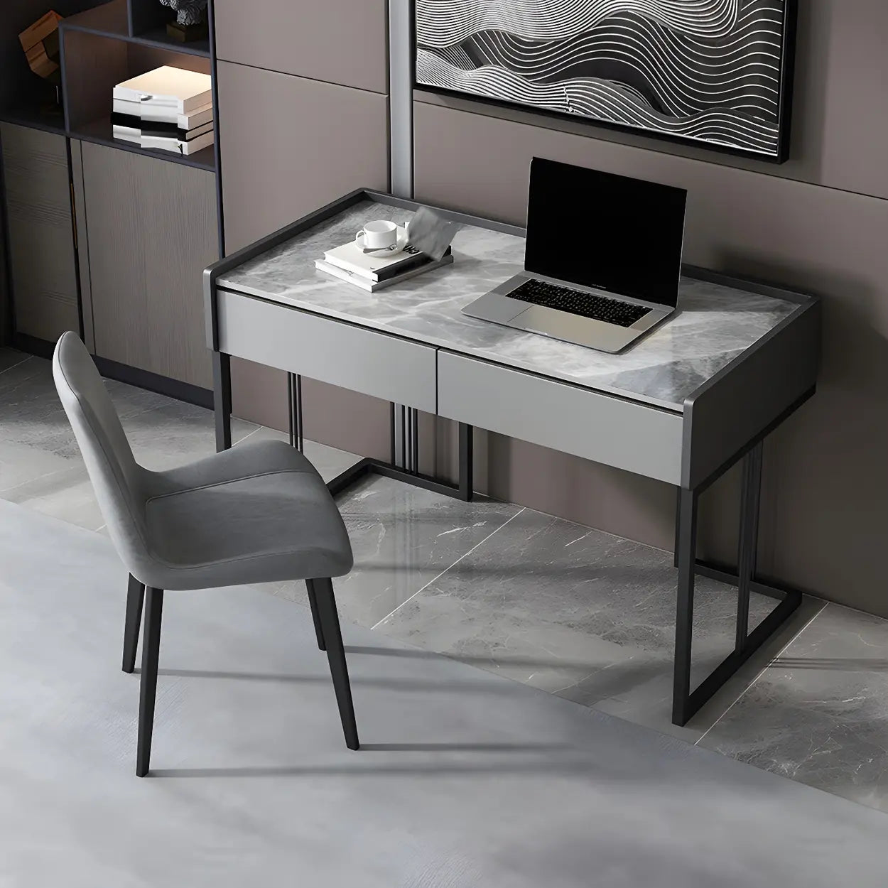 Gray Stone Top Metal-Sled Writing Desk with Drawers — Gray-White / Table Only