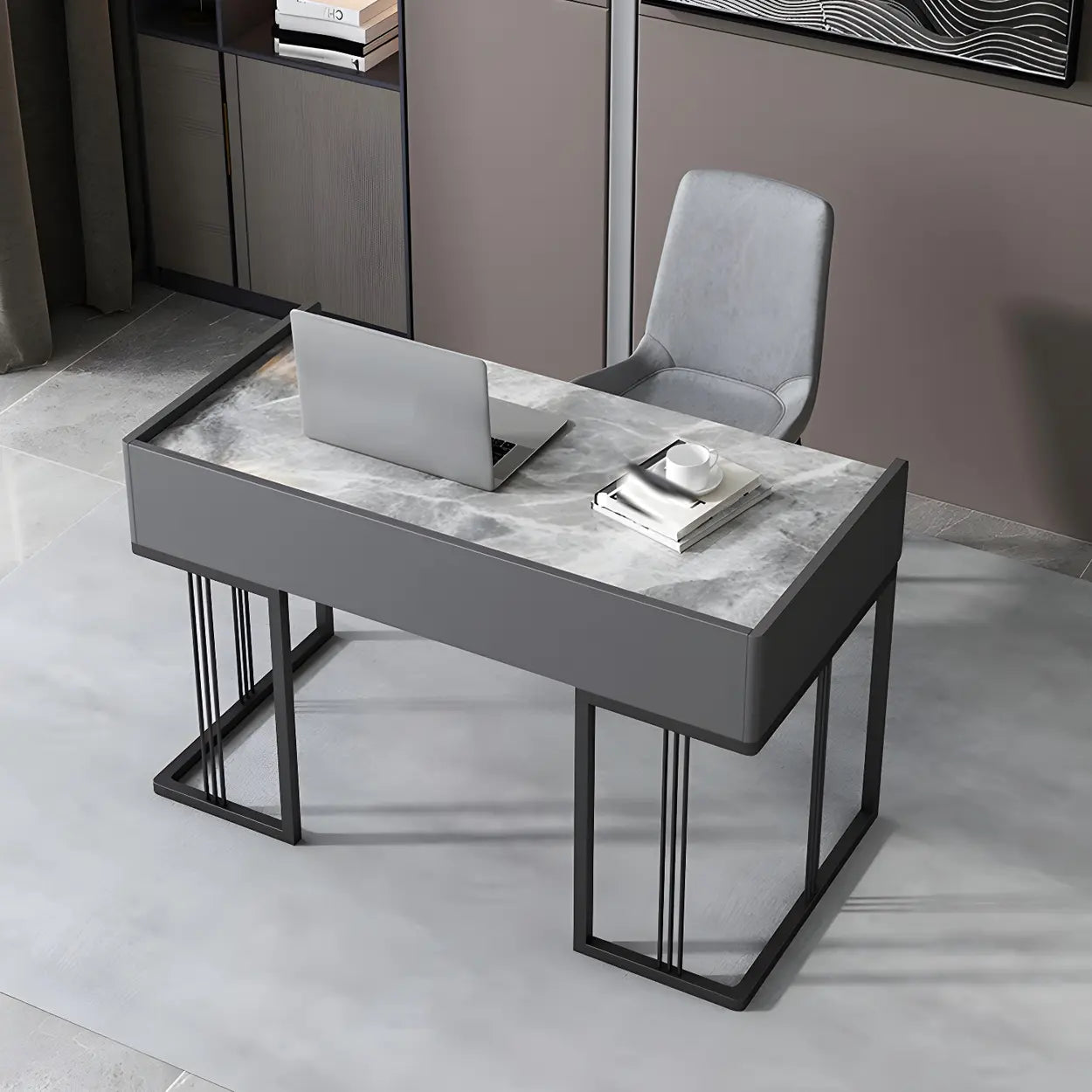 Gray Stone Top Metal-Sled Writing Desk with Drawers — Grey / Table Only
