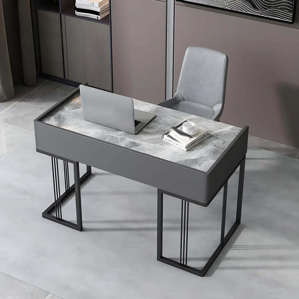 Gray Stone Top Metal-Sled Writing Desk with Drawers — Grey / Table Only