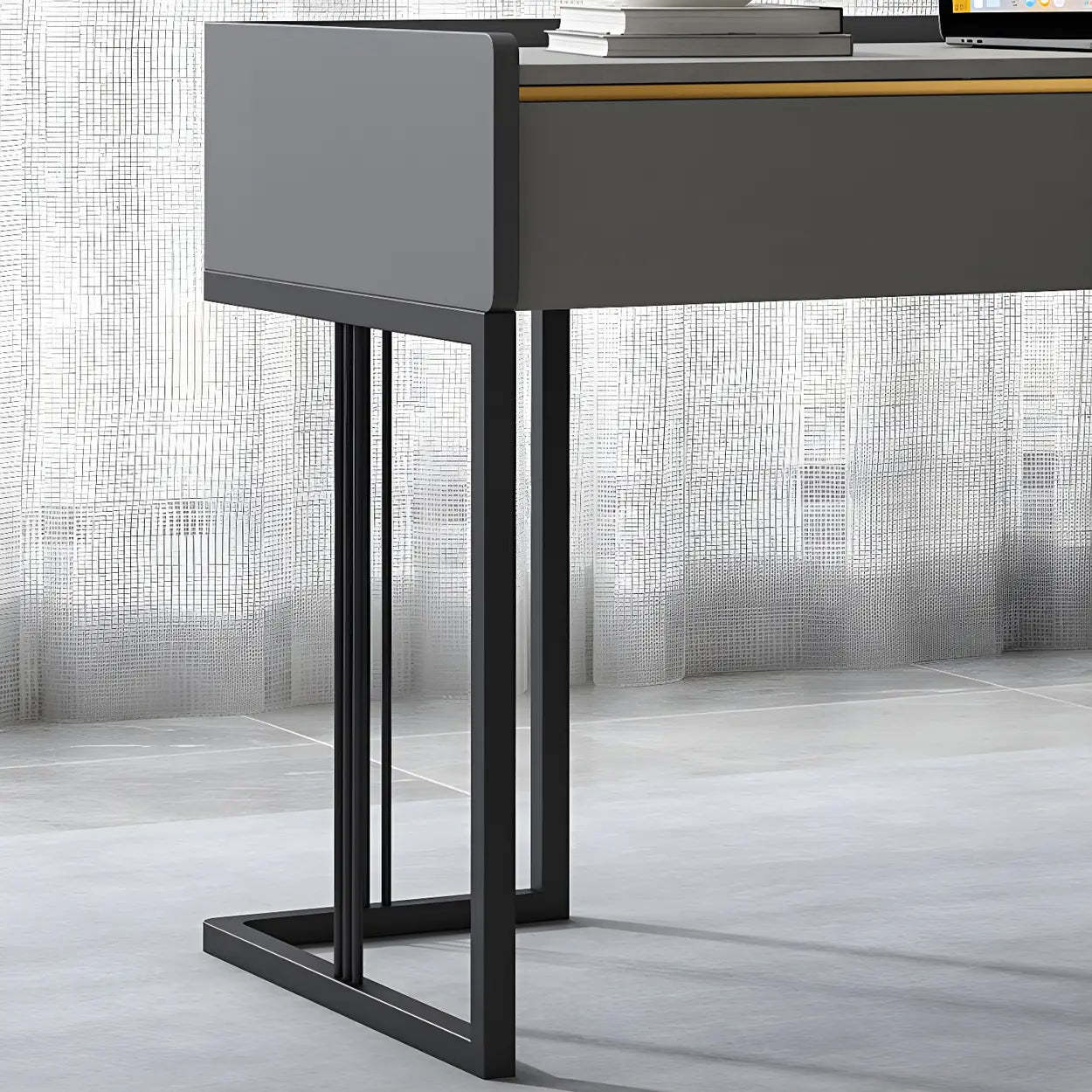 Gray Stone Top Metal-Sled Writing Desk with Drawers